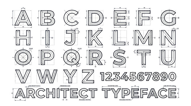 Architectural Blueprint Font: Alphabet Letters and Numbers with Technical Drawings