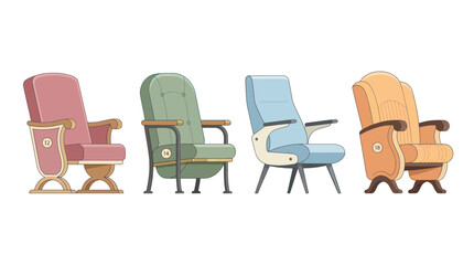 Fototapeta premium Retro Cinema Chairs Set, Vintage Theater Seating Collection, Colorful Armchairs