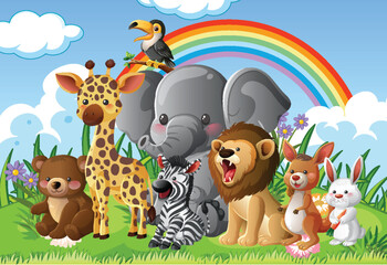 Fototapeta premium Cartoon Jungle Animals Group With Rainbow Background