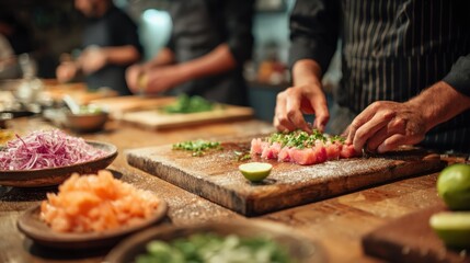 Obraz premium Tourists Learning Ceviche in Peruvian Cooking Class