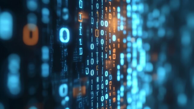 Abstract digital background featuring glowing binary code streams with blue and orange data flow particles for technology concepts.