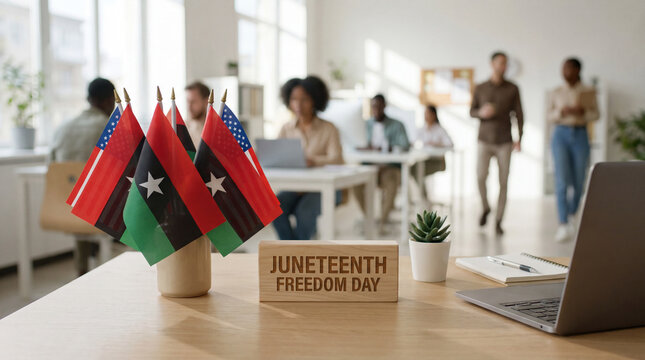 Juneteenth Freedom Day office desk decoration flags wooden table bright workspace corporate celebration holiday themed professional environment diversity awareness