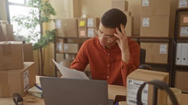 Man holding invoice with hand to temple among shipping boxes in building; small business stress management.