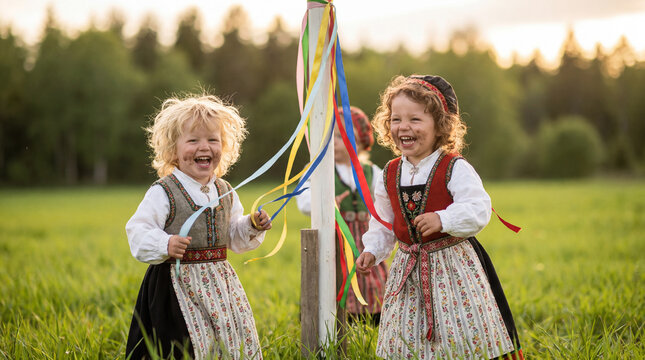 Midsummer festival children dancing maypole traditional Scandinavian costumes outdoor celebration joyful summer solstice cultural heritage Nordic tradition folk dress