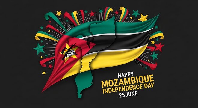 Happy Mozambique Independence Day Greeting Card with Flag Map and Festive Fireworks