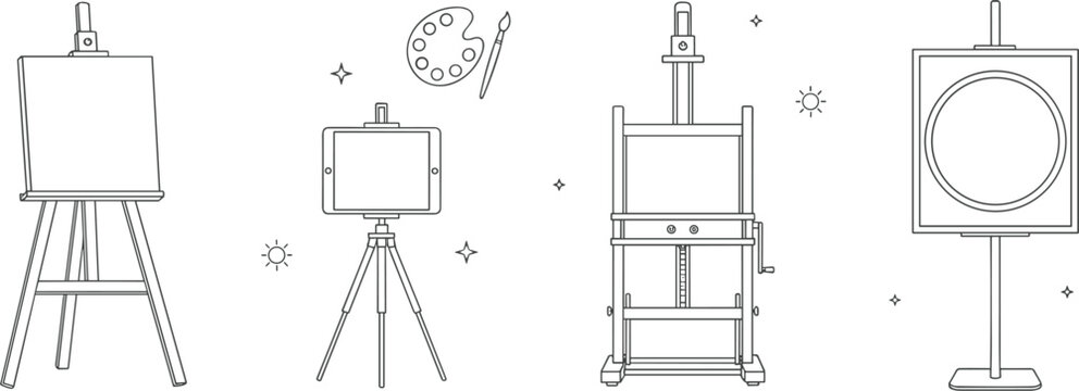 Artist easel stand and digital drawing tablet vector line icon set with wooden tripod palette brush and studio equipment
