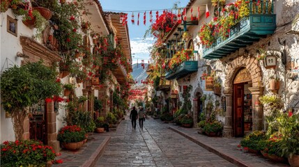 Naklejka premium Travelers Walking Through Peruvian Colonial Street