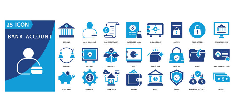 bank account icon set of banking, open account, bank statement, unsecured loan, deposit box, locker, open access, bank account, online banking, sharing, safe box, open box, vault, empty box, padlock