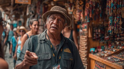 Obraz premium Peruvian Tour Guide Explaining Craft Market