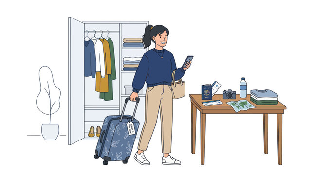 Woman packing suitcase for travel, checking phone, with open wardrobe and travel essentials on table.
