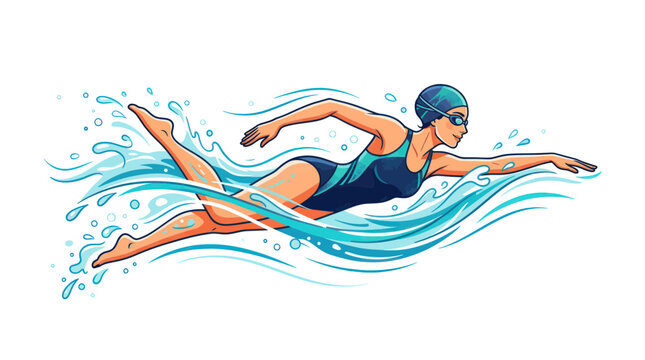 Woman swimming freestyle stroke in blue water, dynamic action illustration