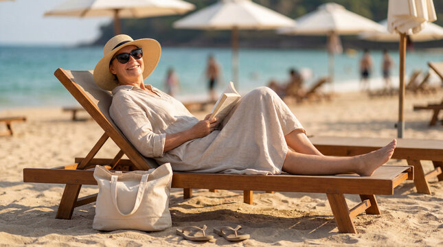 Summer beach woman Caucasian relaxing chair reading vacation seaside leisure peaceful calm serene promotional travel marketing editorial social media lifestyle content