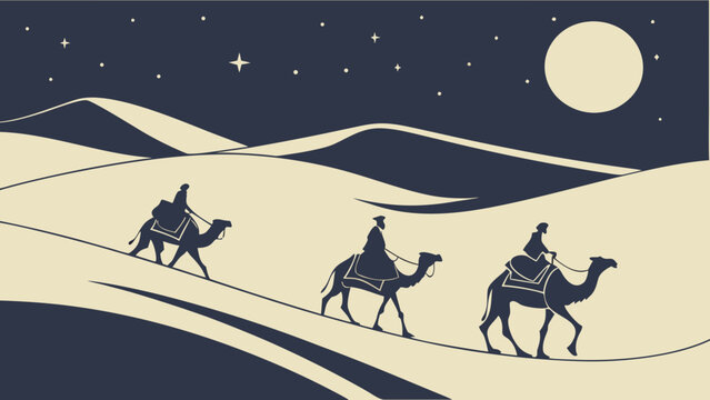 Camel Caravan Traveling Through Desert Dunes Under Full Moon Night Sky