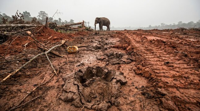 Elephant in Deforested Landscape with Muddy Terrain and Overcast Sky