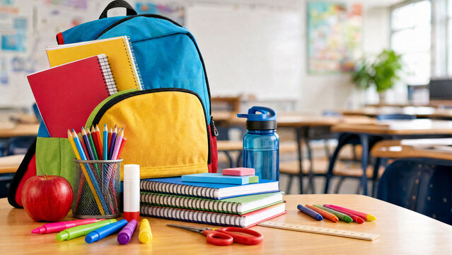 Back to school supplies stilllife backpack stationery apple classroom colorful bright education promotional marketing editorial social media content design business