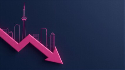 Naklejka premium Pink arrow points down against city skyline symbolizing economic