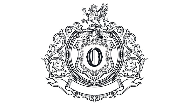 Ornate Crest Emblem with Griffin and Banner, Heraldic Design