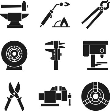 Group of black silhouette industrial equipment and tools anvil welding torch with flame pliers wheel drill caliper vise chuck.