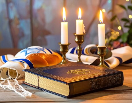 Still life featuring lit candles in brass holders, a decorated prayer shawl, a loaf of challah bread, and a book