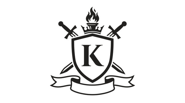 Heraldic Crest with Swords, Crown, Flame, and Banner
