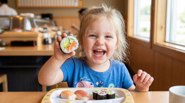 International Sushi Day little girl showing sushi roll with excited expression celebrating Japanese cuisine for promotional material social media post
