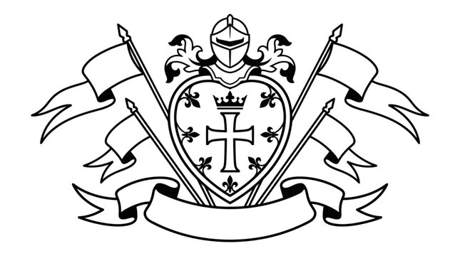 Heraldic Crest with Knight Helmet, Shield, Flags and Banner