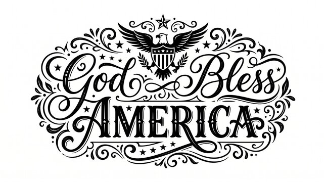 God bless america lettering with eagle and decorative flourishes isolated on white background