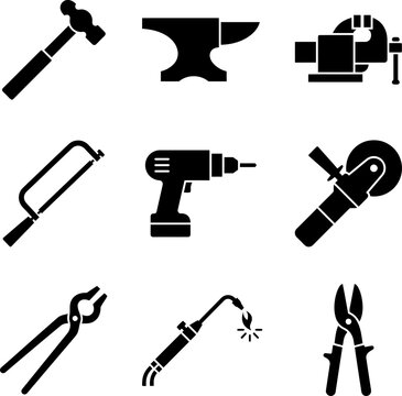 Blacksmithing and metal fabrication tool set featuring hammer anvil vice hacksaw power drill angle grinder tongs welding torch and tin snips on transparent backdrop.