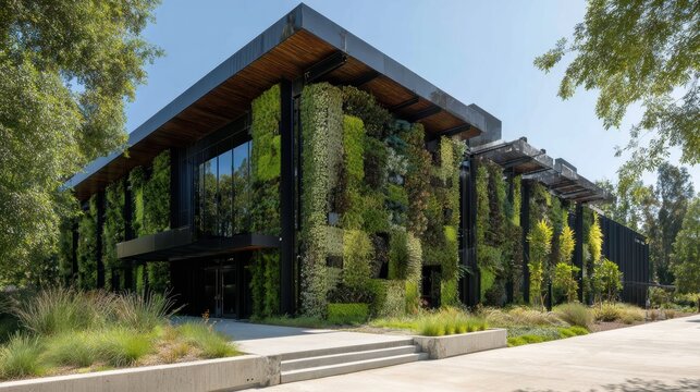 Modern eco friendly office with garden wall integration. Sustainable building concept green construction technology carbon reduction architecture for environmental responsibility net zero design.