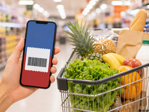 Smartphone Coupon and Grocery Cart Savings Concept