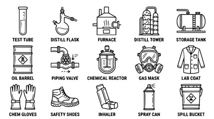 Fototapeta premium Laboratory equipment and safety gear vector graphic illustration set