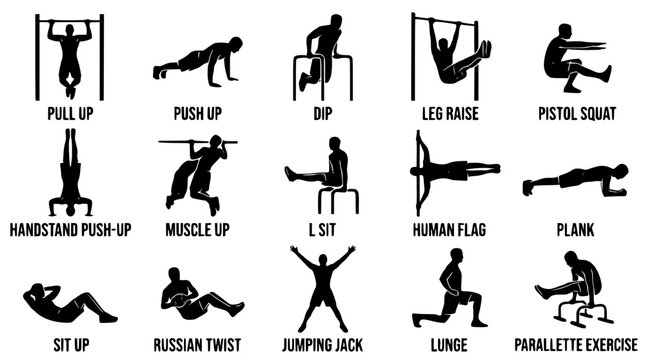 Black silhouettes of various gymnastic exercises for strength and fitness training