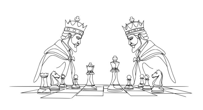Two kings face off over a chessboard, one-line drawing, strategy game