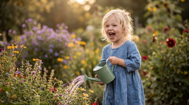 World desertification drought day girl watering plants with can excited expression for water conservation environmental education promotional material