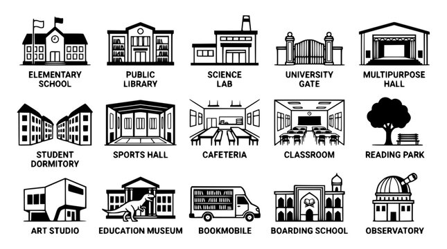 Black and white vector illustration of various educational buildings icons