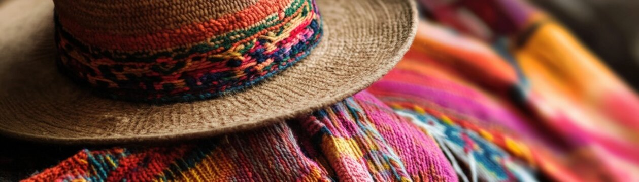 Close up detail of traditional Chilean clothing featuring authentic chamanto poncho and huaso hat showcasing South American cultural heritage and folk costume craftsmanship