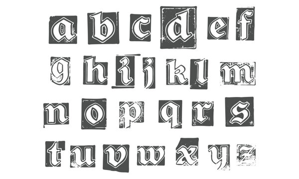 Vintage gothic alphabet letters collection with block print ransom note style isolated on white background vector illustration.
