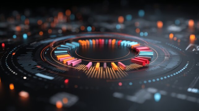 Colorful data visualization with circular charts and vibrant graphs showcasing advanced analytics and digital information flow in a futuristic background