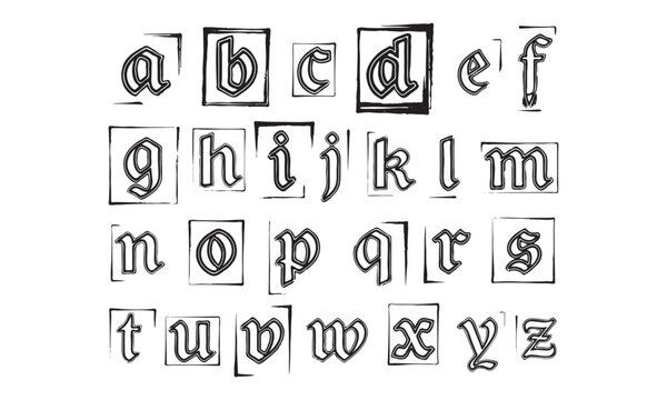 Vintage gothic alphabet letters collection with block print ransom note style isolated on white background vector illustration.