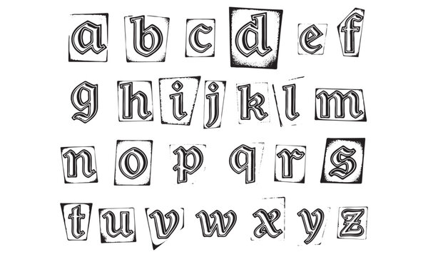 Vintage gothic alphabet letters collection with block print ransom note style isolated on white background vector illustration.