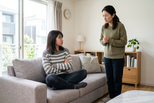 リビングで反抗期の娘を叱る母親と不満げな娘 Generative AI