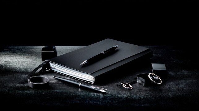 Elegant black stationary notebook and pens on dark textured surface