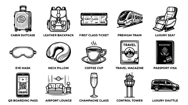 Vector graphic illustration of various travel related icons and symbols
