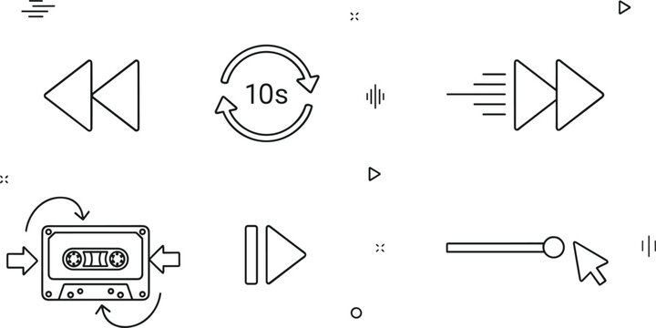 Media player control buttons and audio cassette vector line icon set with fast forward rewind skip navigation elements