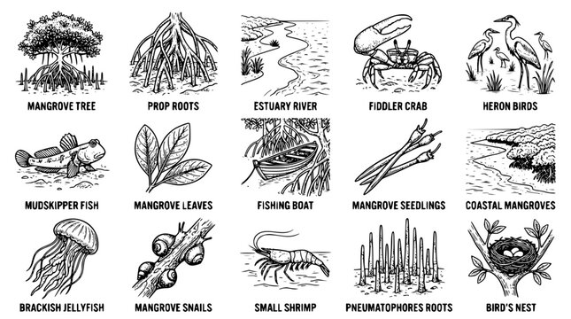 Black and white vector illustrations of mangrove ecosystem elements and wildlife