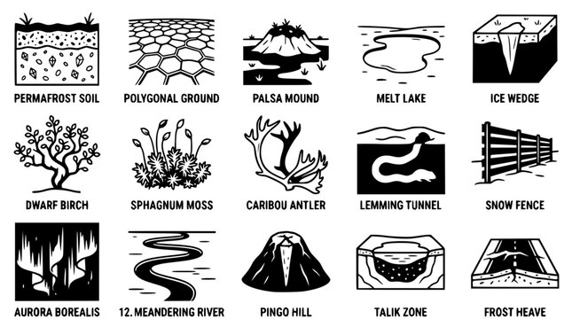 Vector graphic illustration of permafrost features and arctic ecosystem elements