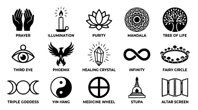 Various spiritual and mystical symbols in a vector graphic illustration