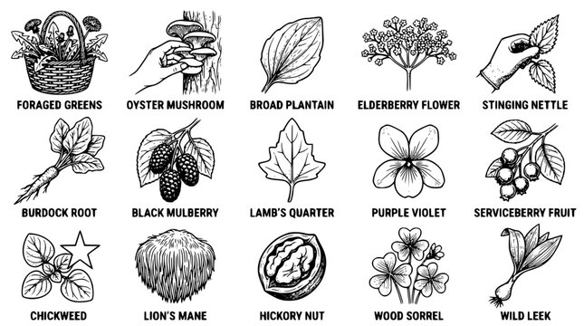 Vector illustration of various wild edibles and plants for foraging
