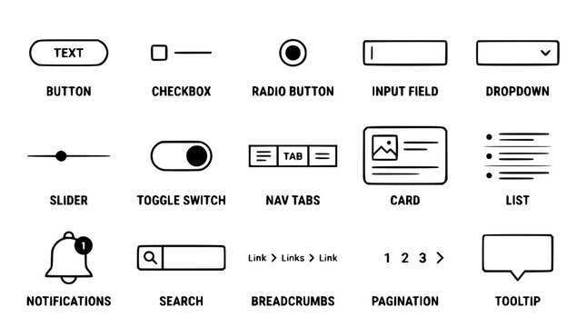 Vector graphic illustration of various UI elements and controls