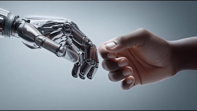 Human and robotic hand fist bump, symbol of collaboration between humans and artificial intelligence with clean minimal background